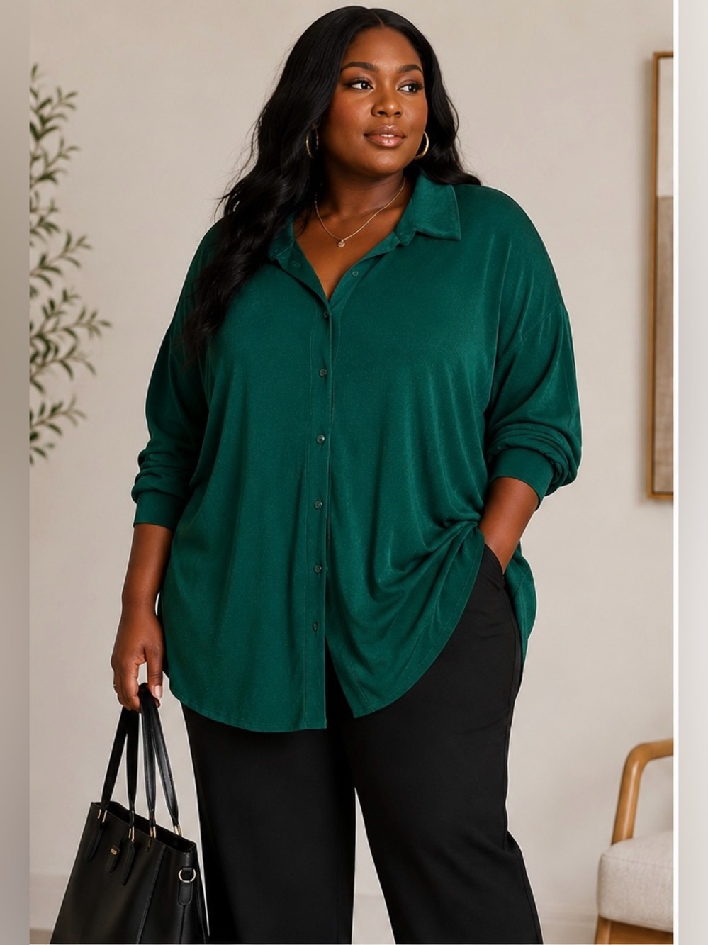 Fashion Nova Emerald Green Oversized Button Front Tunic Blouse 1X